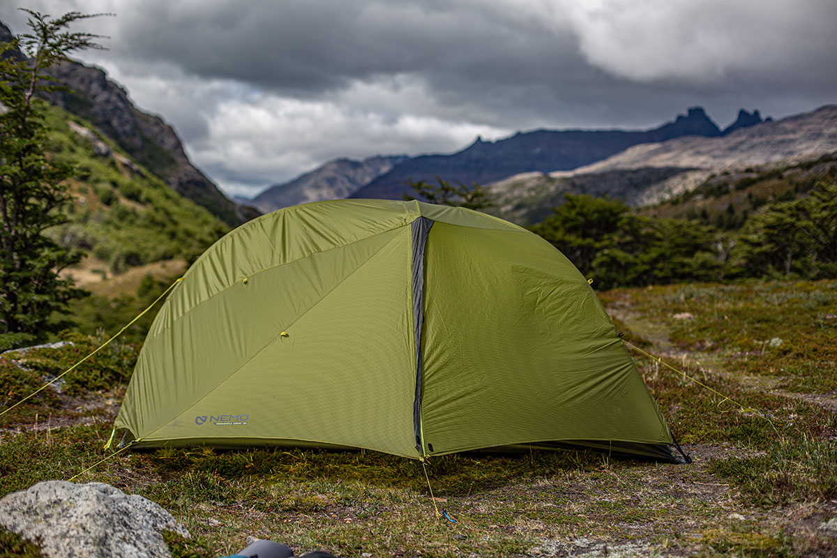 NEMO Dragonfly OSMO 2P tent (zipped up and guyed out)